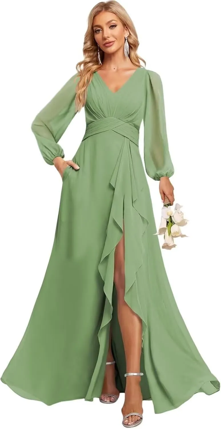 Long Sleeve Bridesmaid Dress with Ruffles Split Prom Dress A-Line Chiffon Formal Party Gowns with Pockets NSY008