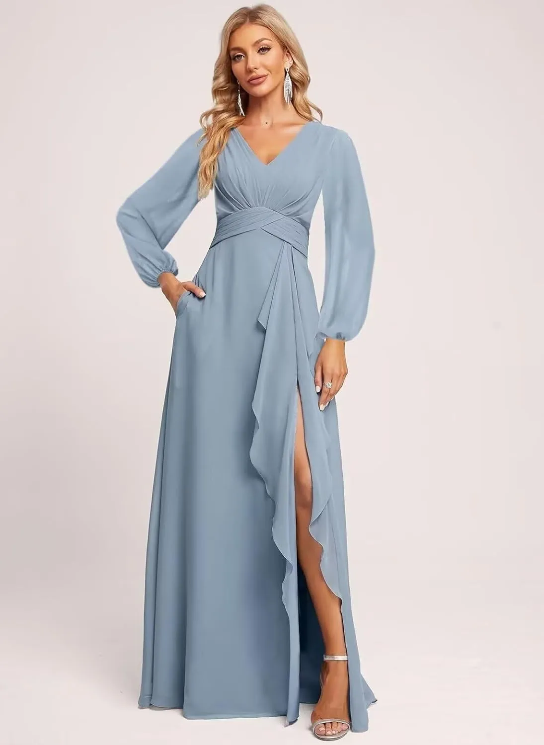 Long Sleeve Bridesmaid Dress with Ruffles Split Prom Dress A-Line Chiffon Formal Party Gowns with Pockets NSY008