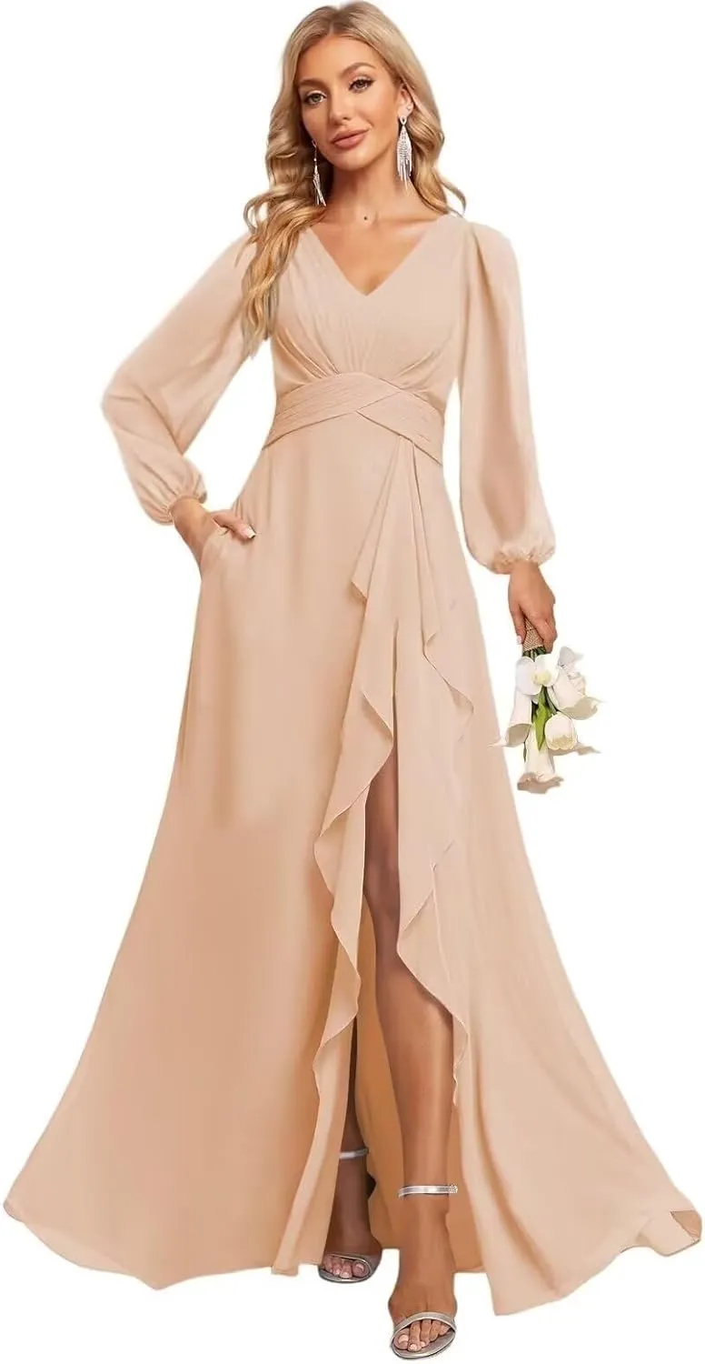 Long Sleeve Bridesmaid Dress with Ruffles Split Prom Dress A-Line Chiffon Formal Party Gowns with Pockets NSY008