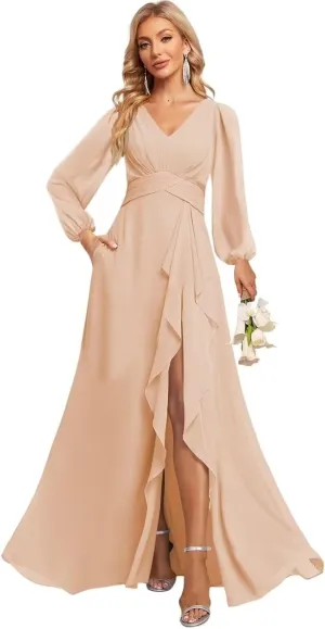 Long Sleeve Bridesmaid Dress with Ruffles Split Prom Dress A-Line Chiffon Formal Party Gowns with Pockets NSY008