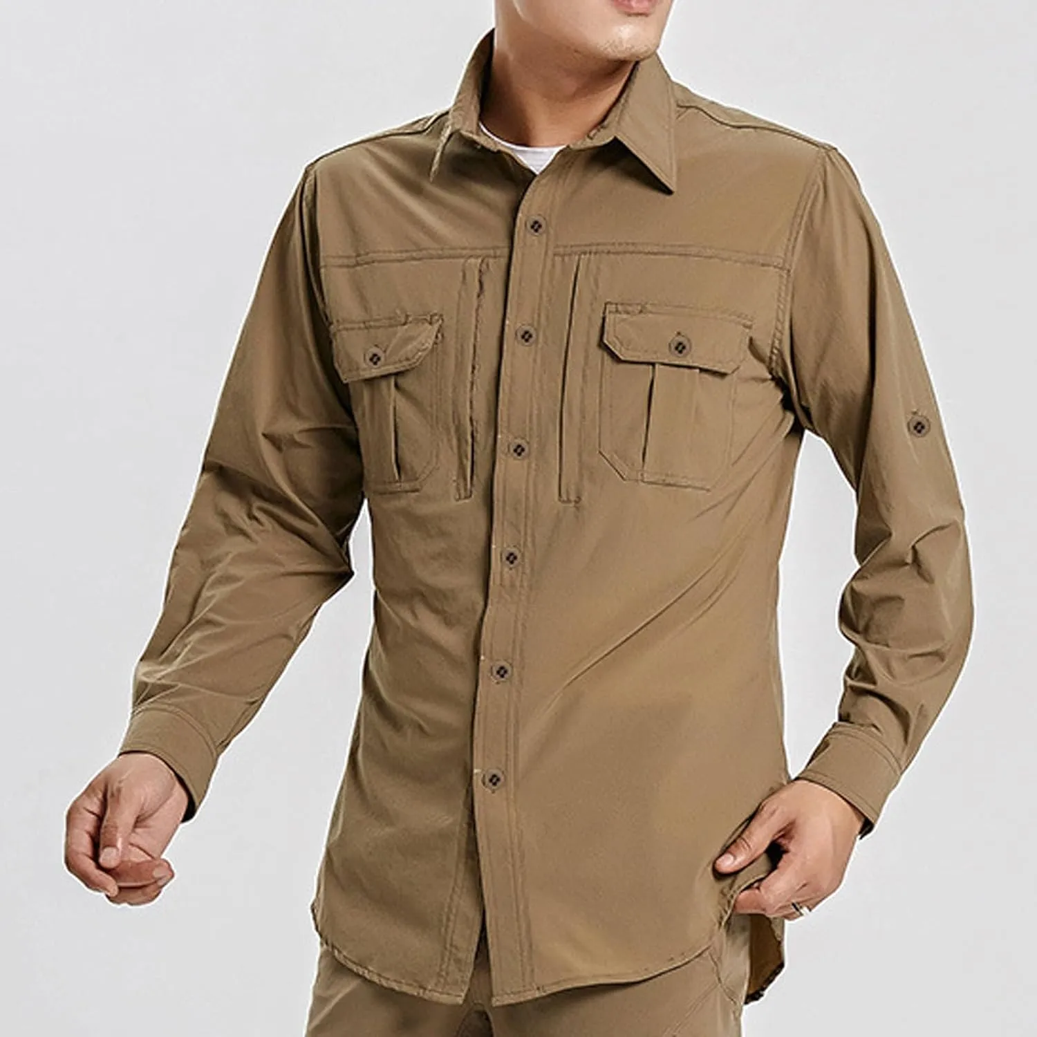 Long Sleeve Cargo Shirts for Men Casual Loose Button Lapel Work Blouse Stretch Quick Dry Shirt with Two Pockets