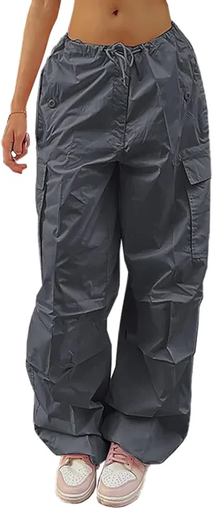 LQI Parachute Pants for Women Y2K Baggy Cargo Pants Drawstring Trousers Low Rise Loose Jogger Sweatpants