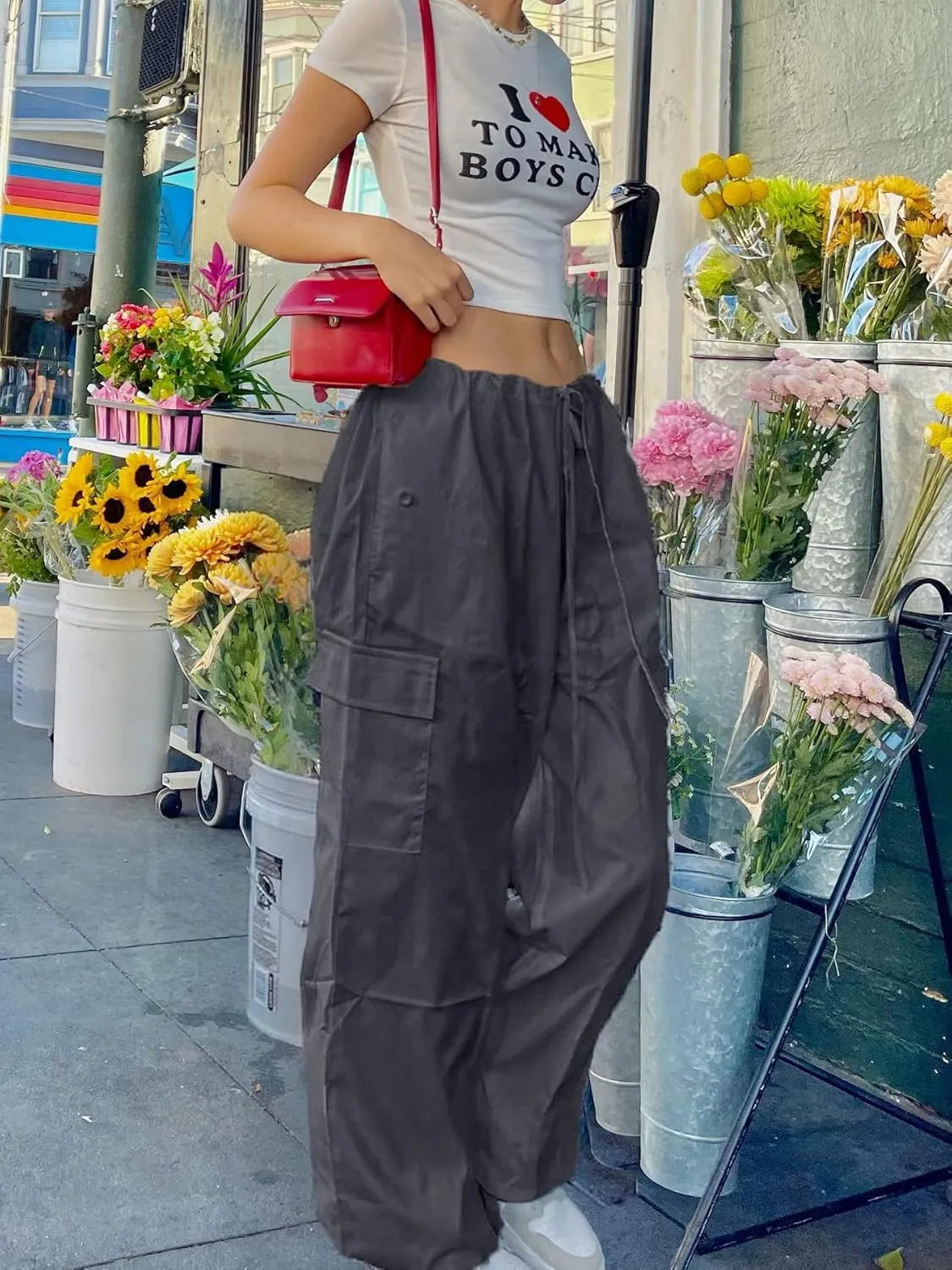 LQI Parachute Pants for Women Y2K Baggy Cargo Pants Drawstring Trousers Low Rise Loose Jogger Sweatpants