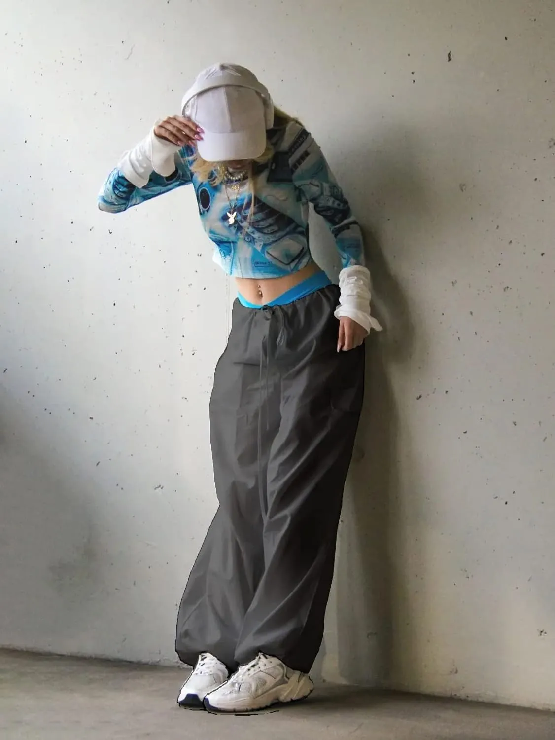 LQI Parachute Pants for Women Y2K Baggy Cargo Pants Drawstring Trousers Low Rise Loose Jogger Sweatpants