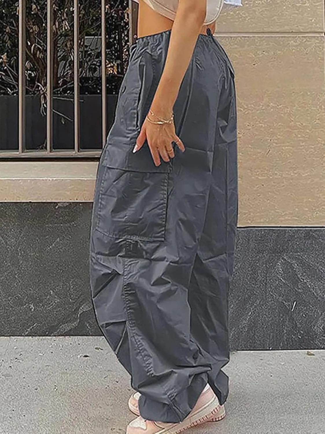 LQI Parachute Pants for Women Y2K Baggy Cargo Pants Drawstring Trousers Low Rise Loose Jogger Sweatpants