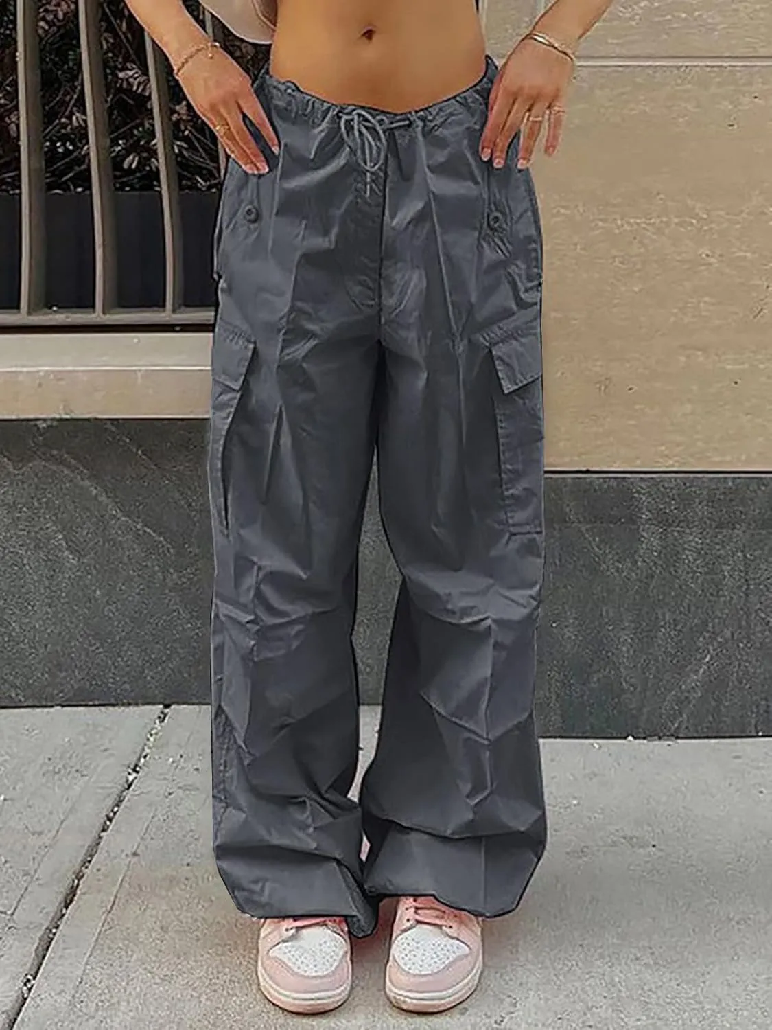 LQI Parachute Pants for Women Y2K Baggy Cargo Pants Drawstring Trousers Low Rise Loose Jogger Sweatpants