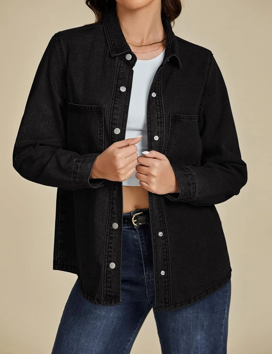 luvamia Denim Jackets for Women Trendy Long Sleeve Jean Jacket Casual Button Down Western Flat Pocket Shacket