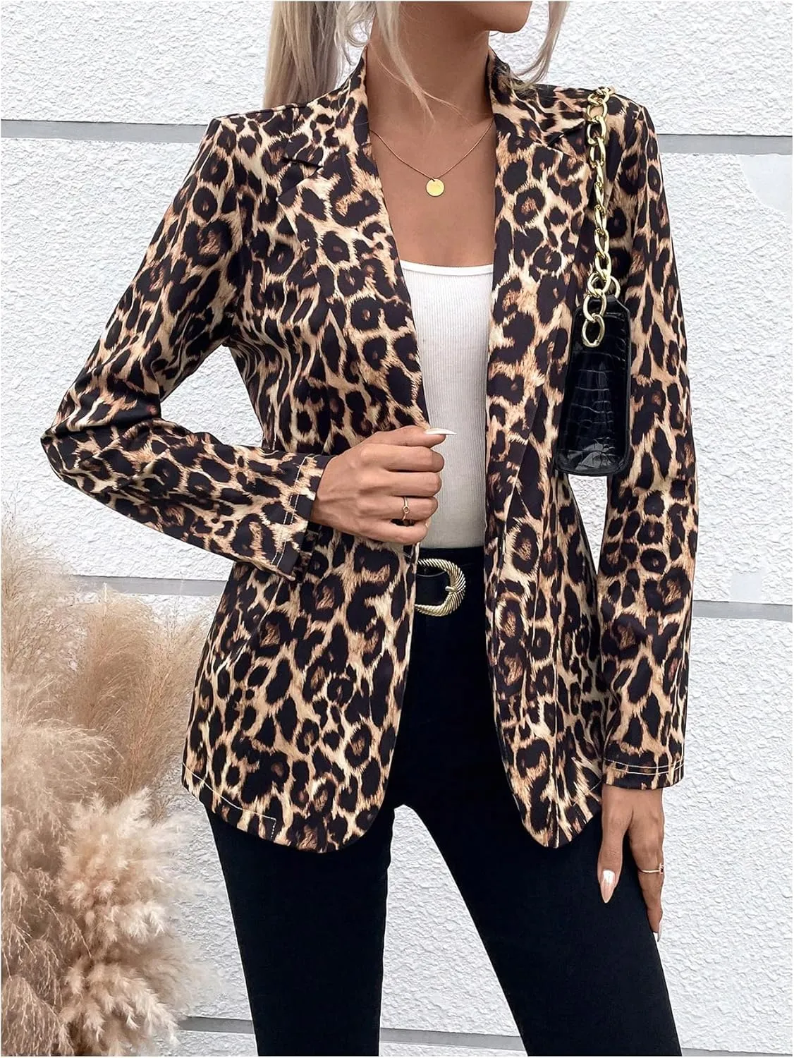 MakeMeChic Women's Leopard Print Blazer Long Sleeve Open Front Lapel Neck Casual Business Jackets