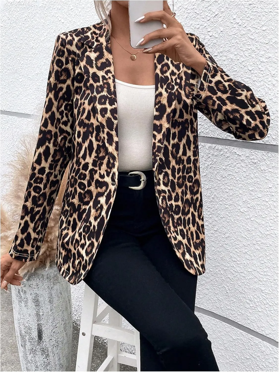 MakeMeChic Women's Leopard Print Blazer Long Sleeve Open Front Lapel Neck Casual Business Jackets
