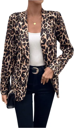 MakeMeChic Women's Leopard Print Blazer Long Sleeve Open Front Lapel Neck Casual Business Jackets