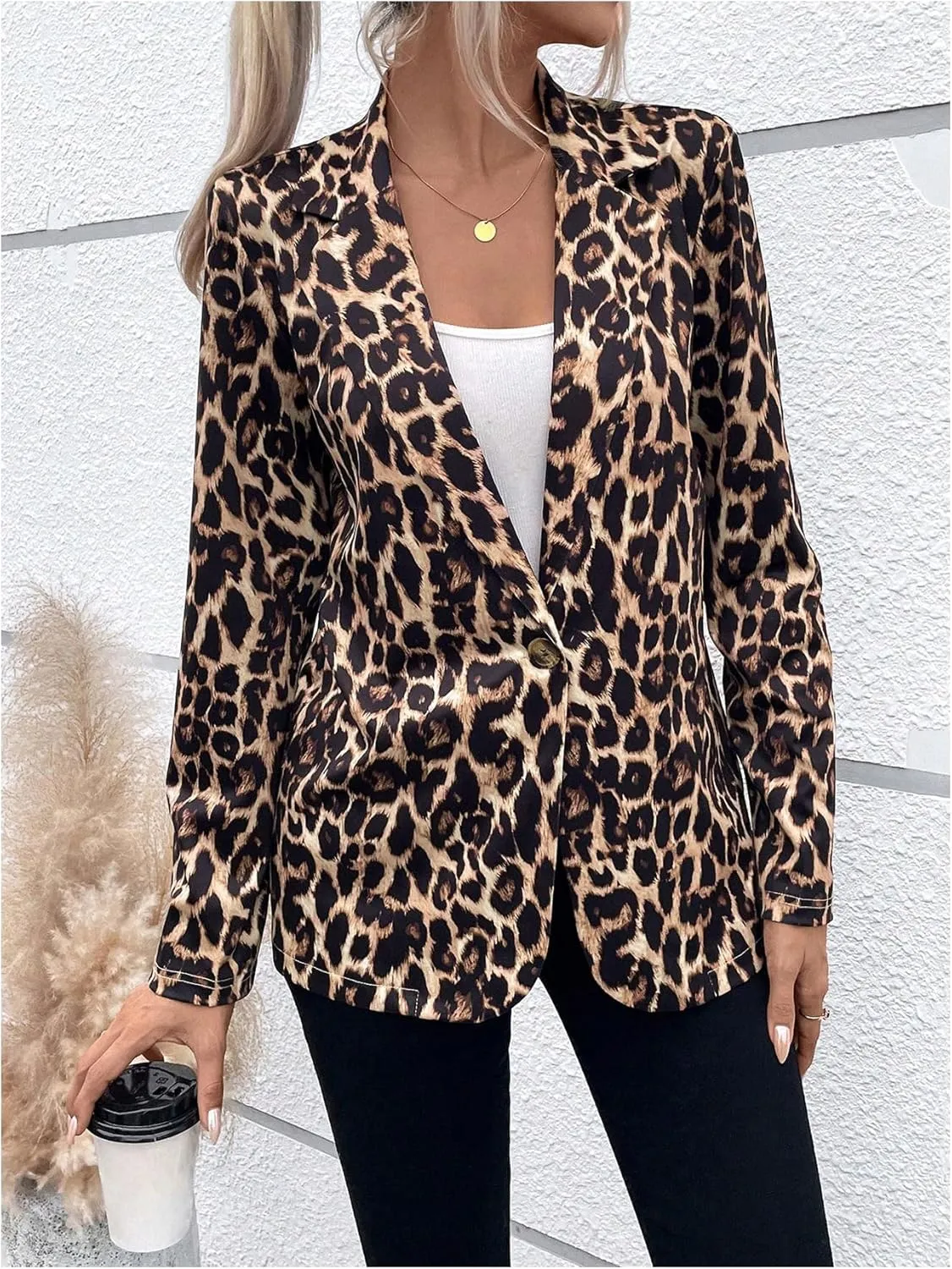 MakeMeChic Women's Leopard Print Blazer Long Sleeve Open Front Lapel Neck Casual Business Jackets