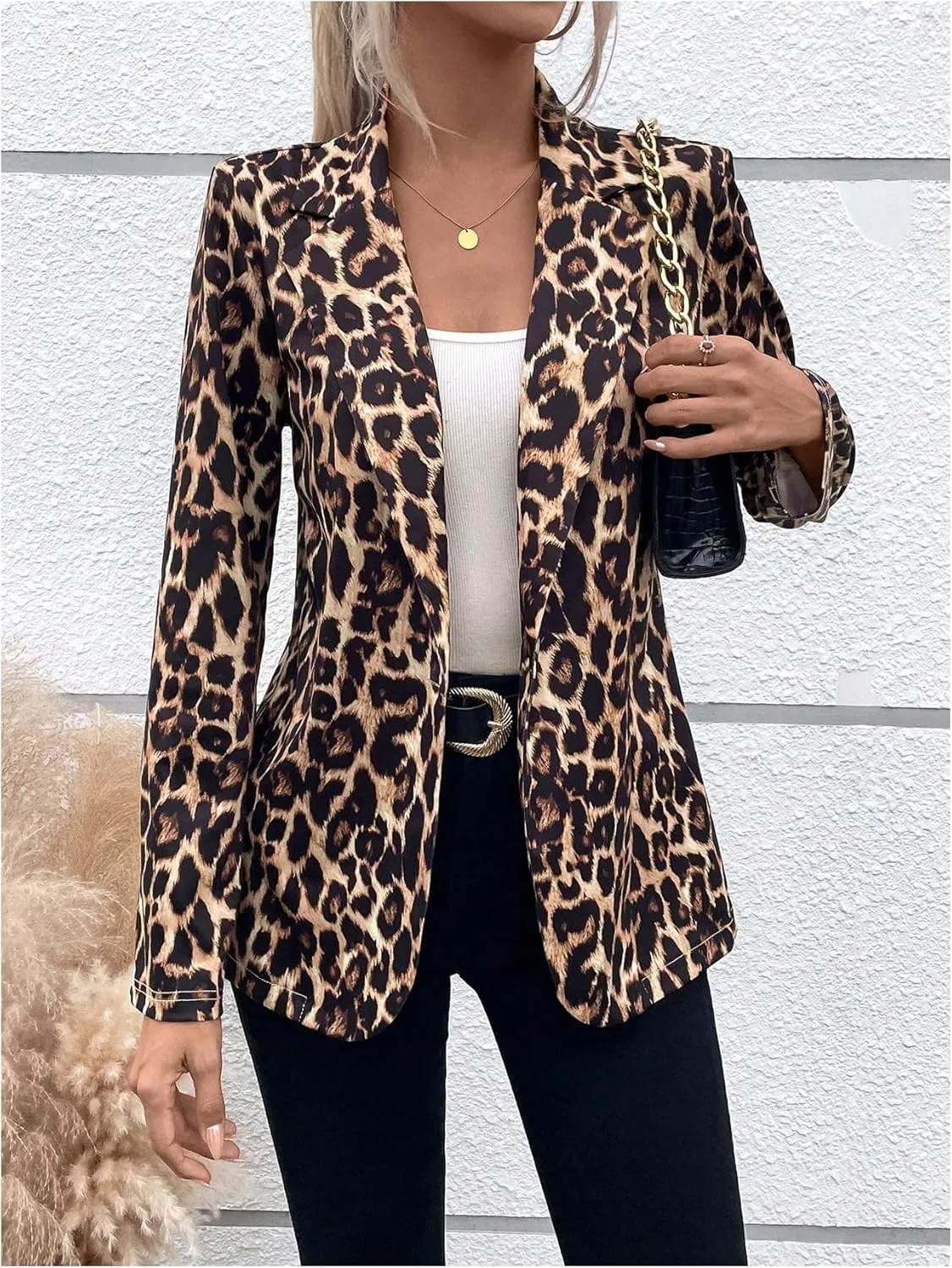 MakeMeChic Women's Leopard Print Blazer Long Sleeve Open Front Lapel Neck Casual Business Jackets