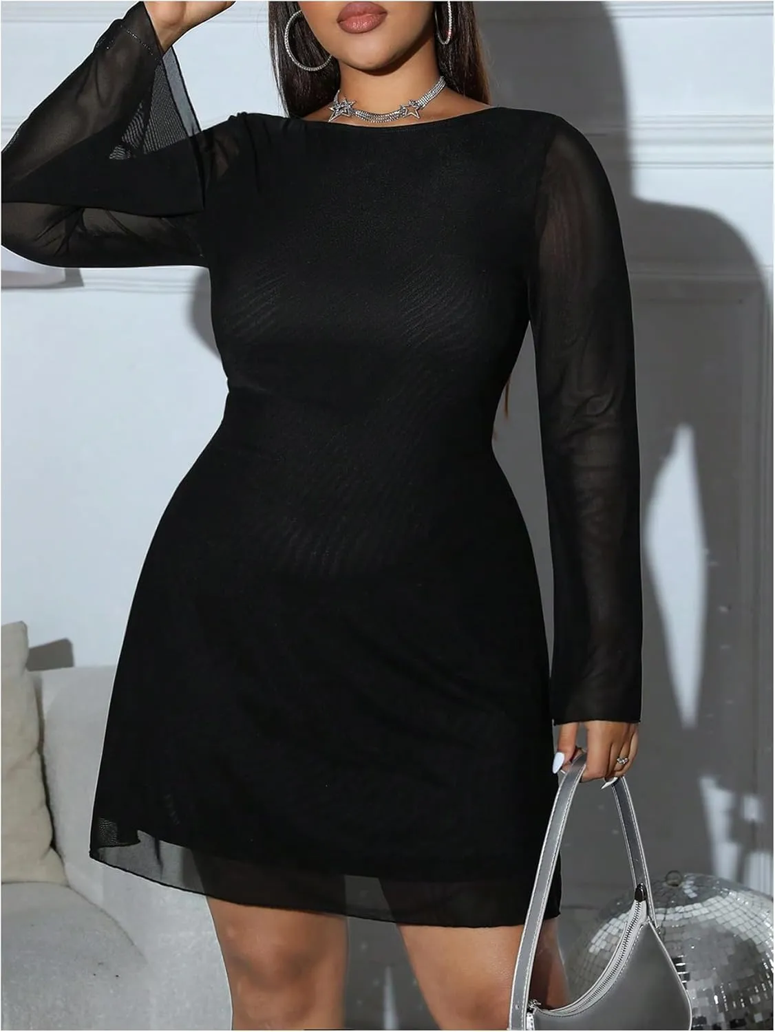 MakeMeChic Women's Plus Size Leopard Print Dress Bell Sleeve Cheetah Print Dress Y2K Mesh Backless Mini Dresses