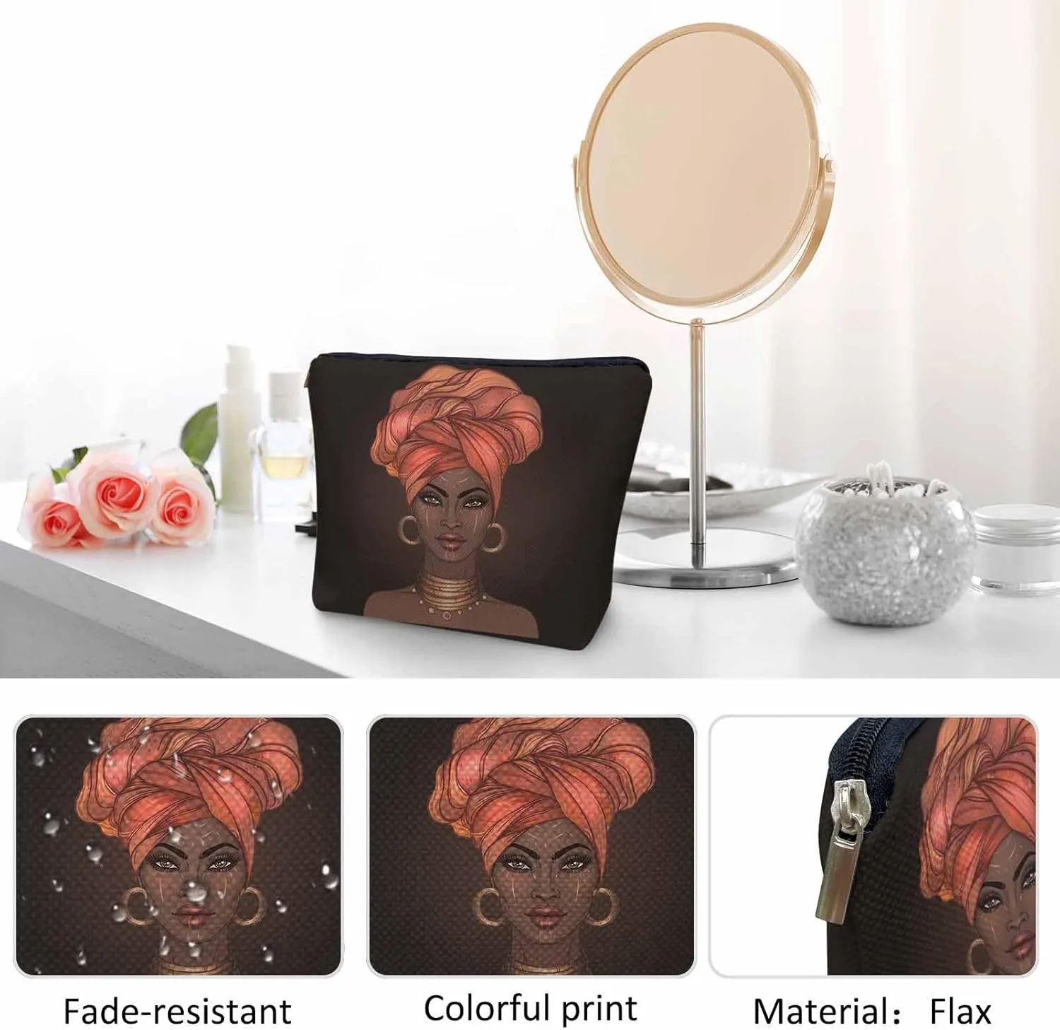 Makeup Bag African American Woman Makeup Bags For Purse Pouch, Black African Woman Sexy Lips And Turban Travel Toiletry Bag Cosmetic Bag Makeup Bags Flax Makeup Organizer Bag Pencil Pouch