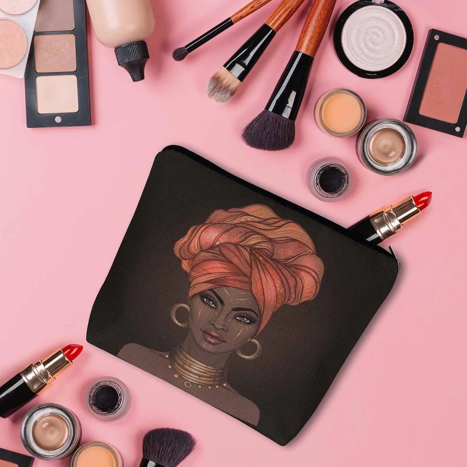 Makeup Bag African American Woman Makeup Bags For Purse Pouch, Black African Woman Sexy Lips And Turban Travel Toiletry Bag Cosmetic Bag Makeup Bags Flax Makeup Organizer Bag Pencil Pouch