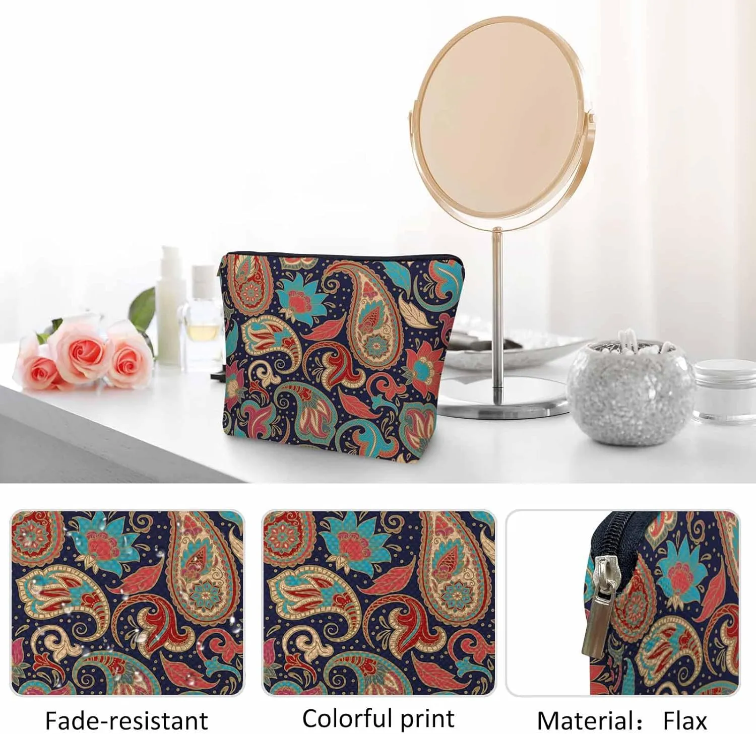 Makeup Bag For Purse Paisley Floral, Ethnic Tribal Floral Paisley Boho Cosmetic Bags For Women With Zipper Travel Toiletry Pouch Makeup Bags Makeup Organizers Purse For Toiletries Cosmetics