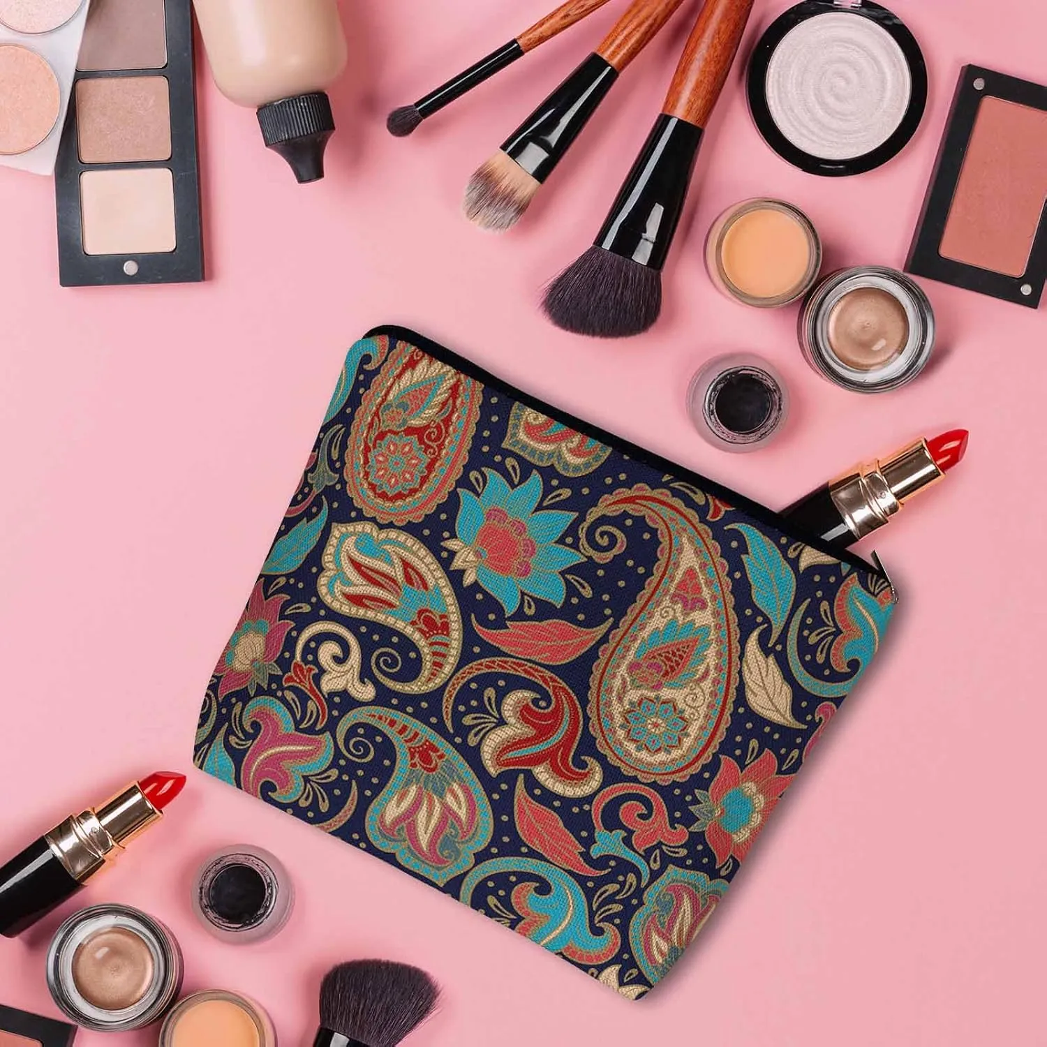 Makeup Bag For Purse Paisley Floral, Ethnic Tribal Floral Paisley Boho Cosmetic Bags For Women With Zipper Travel Toiletry Pouch Makeup Bags Makeup Organizers Purse For Toiletries Cosmetics