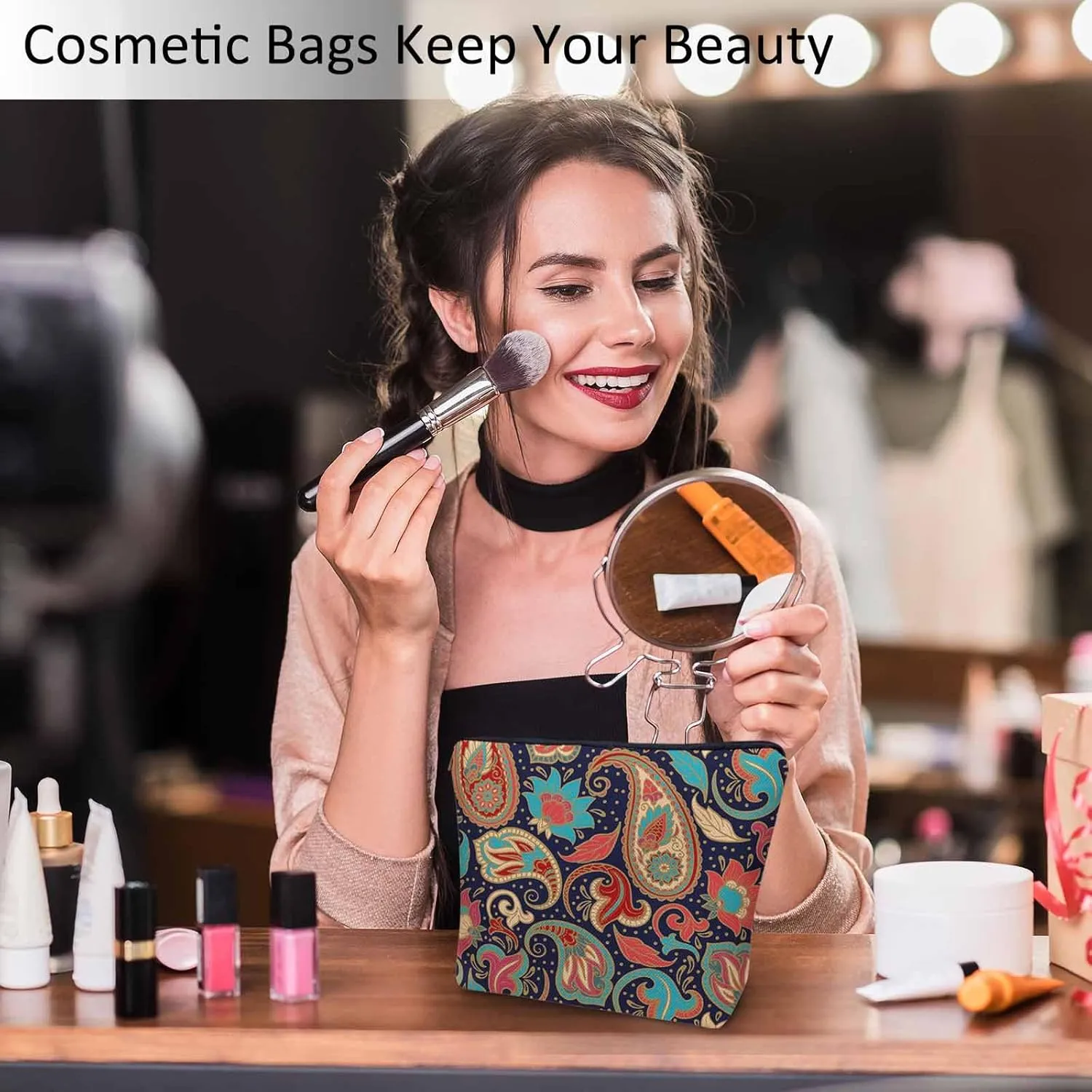 Makeup Bag For Purse Paisley Floral, Ethnic Tribal Floral Paisley Boho Cosmetic Bags For Women With Zipper Travel Toiletry Pouch Makeup Bags Makeup Organizers Purse For Toiletries Cosmetics