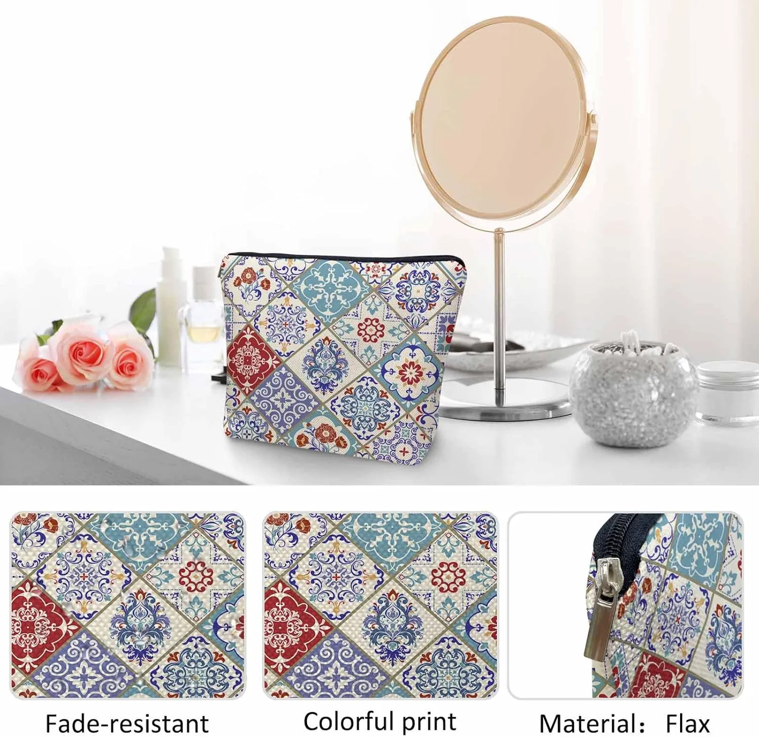 Mandala Floral Cosmetic Travel Bag For Toiletries, Ethnic Paisley Mandala Patchwork Makeup Bag Toiletry Bags For Women, Flax Cosmetic Bags Make Up Bag Purse Toiletries Bag Birthday Gift