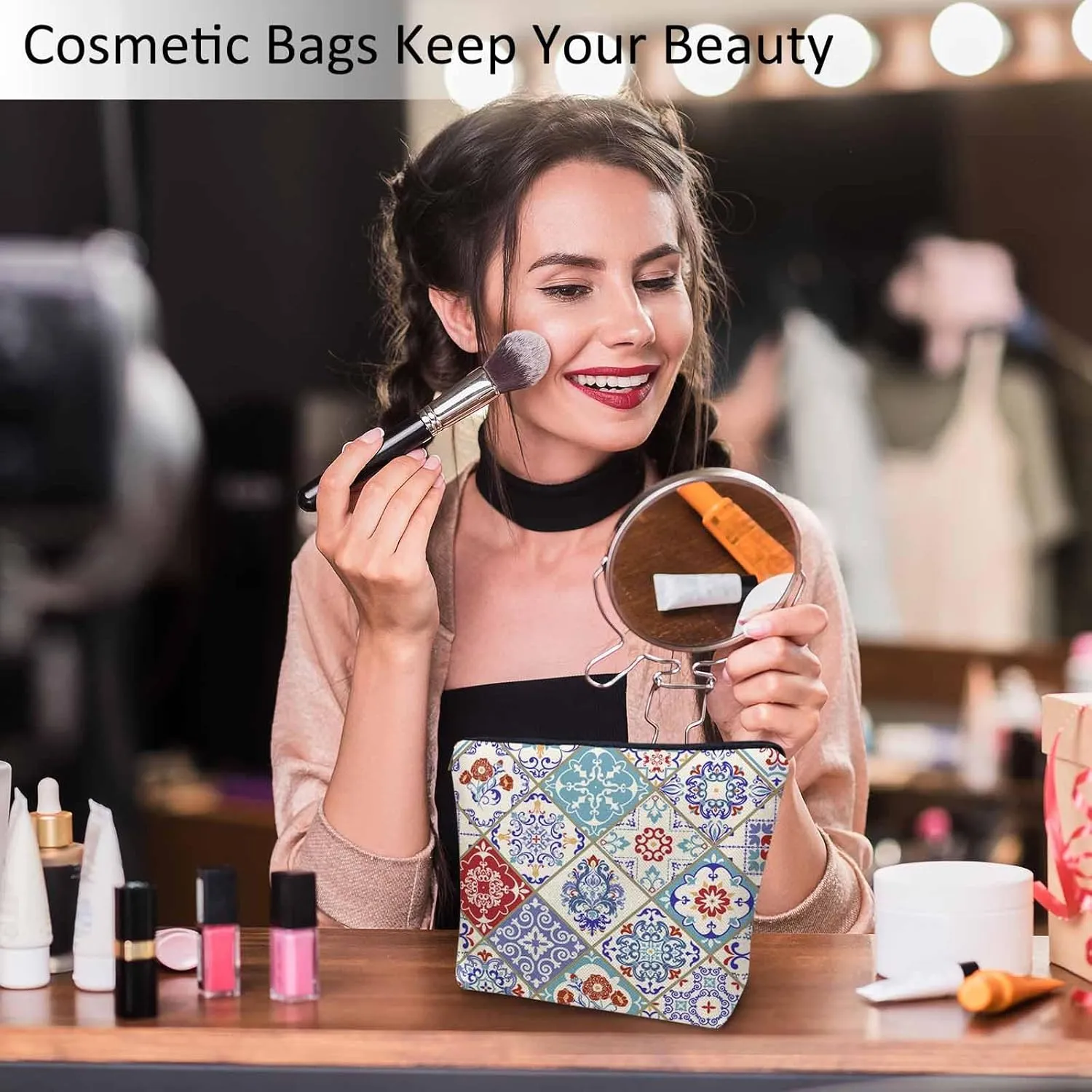 Mandala Floral Cosmetic Travel Bag For Toiletries, Ethnic Paisley Mandala Patchwork Makeup Bag Toiletry Bags For Women, Flax Cosmetic Bags Make Up Bag Purse Toiletries Bag Birthday Gift