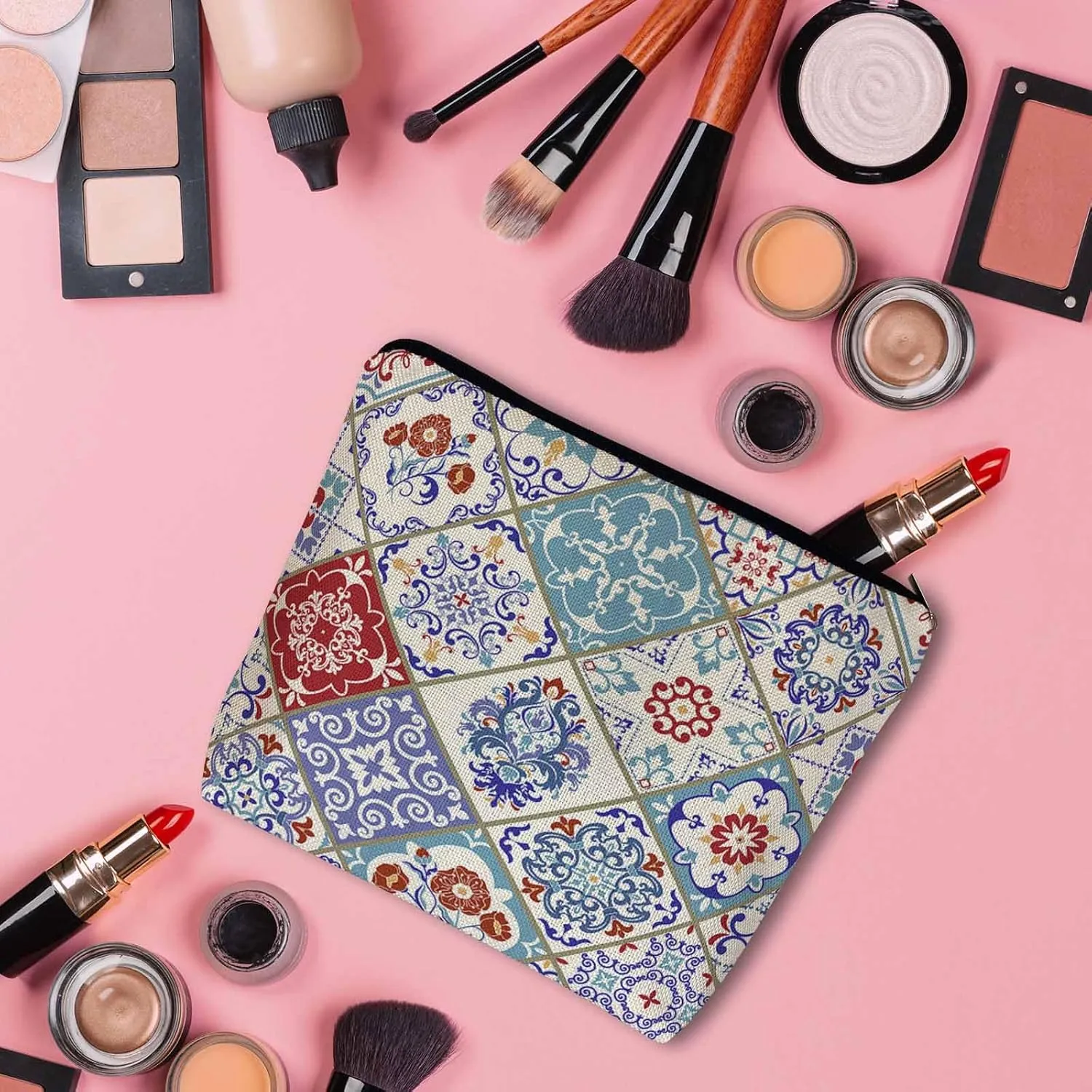Mandala Floral Cosmetic Travel Bag For Toiletries, Ethnic Paisley Mandala Patchwork Makeup Bag Toiletry Bags For Women, Flax Cosmetic Bags Make Up Bag Purse Toiletries Bag Birthday Gift