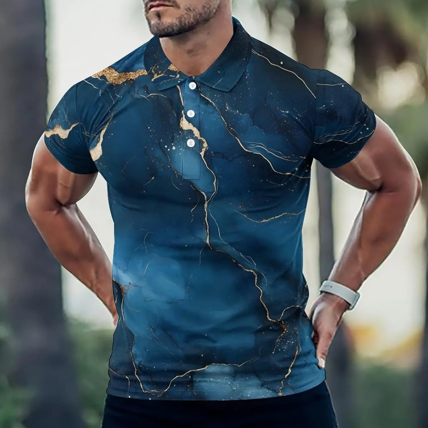 Marble Blue Gold Pattern Mens Polo Shirts Quick Dry Short Sleeve T-shirts Slim Tennis Collared Tees Tops