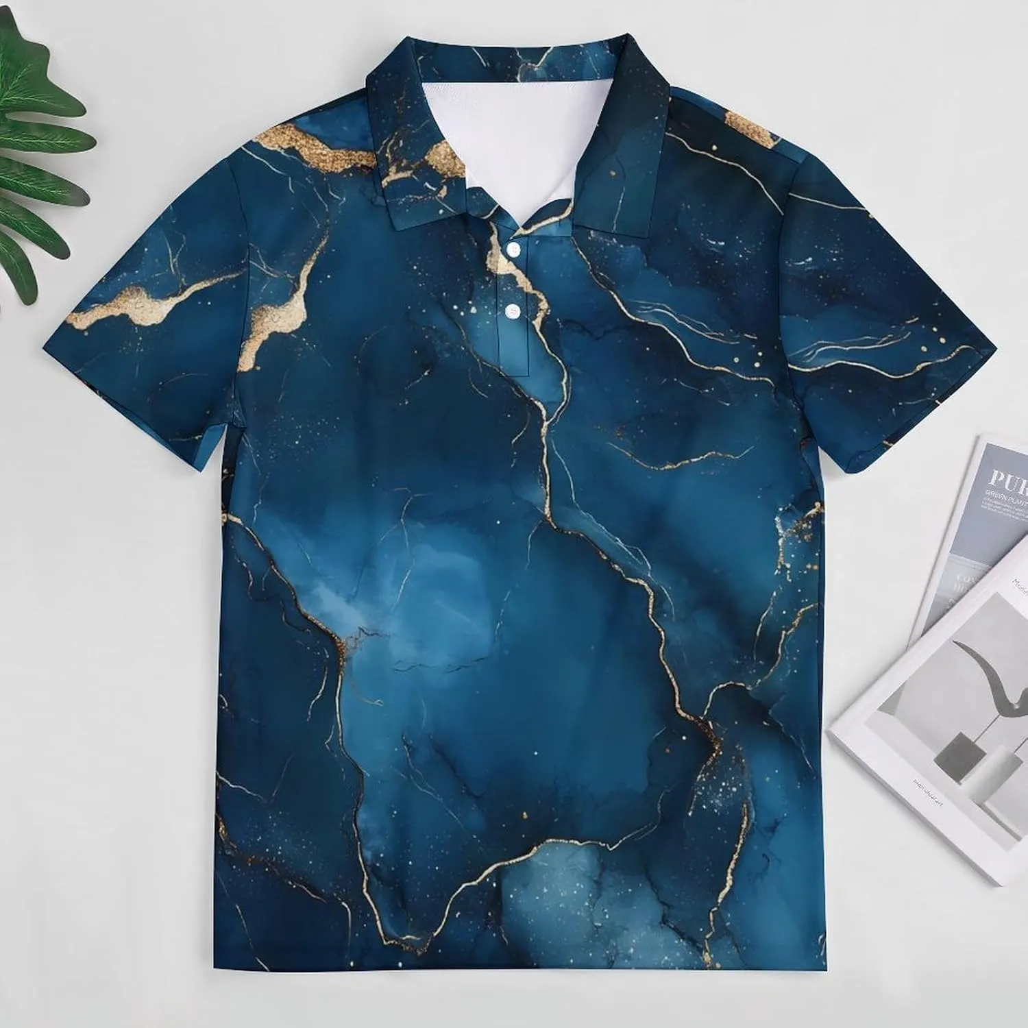 Marble Blue Gold Pattern Mens Polo Shirts Quick Dry Short Sleeve T-shirts Slim Tennis Collared Tees Tops