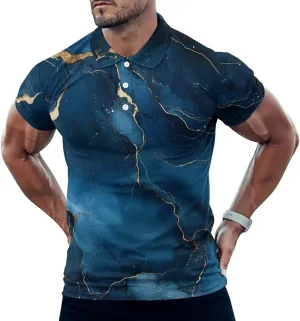 Marble Blue Gold Pattern Mens Polo Shirts Quick Dry Short Sleeve T-shirts Slim Tennis Collared Tees Tops