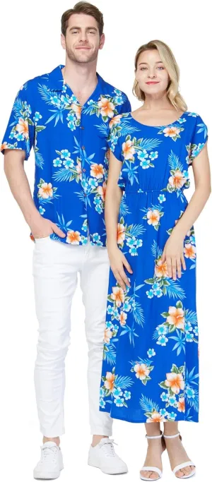 Matchable Couple Hawaiian Luau Shirt or Maxi Simple Dress in Hibiscus Blue