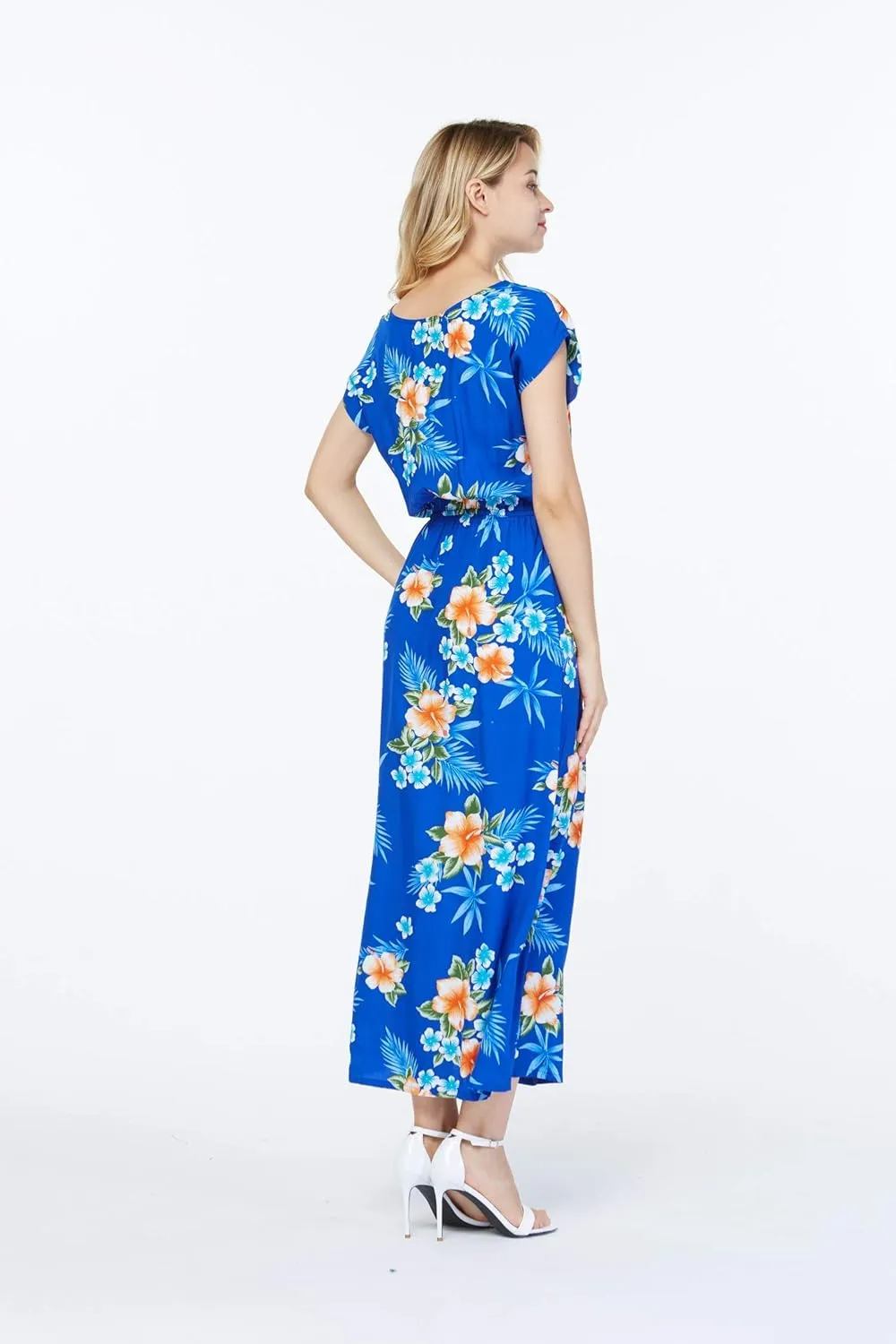 Matchable Couple Hawaiian Luau Shirt or Maxi Simple Dress in Hibiscus Blue