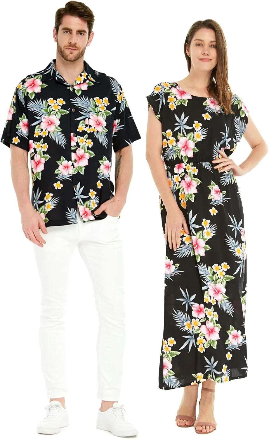 Matchable Couple Hawaiian Luau Shirt or Maxi Simple Dress in Hibiscus Blue