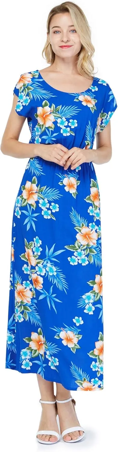 Matchable Couple Hawaiian Luau Shirt or Maxi Simple Dress in Hibiscus Blue