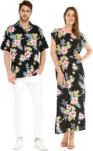 Matchable Couple Hawaiian Luau Shirt or Maxi Simple Dress in Hibiscus Blue
