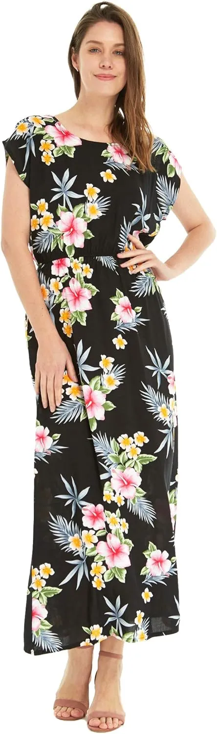 Matchable Couple Hawaiian Luau Shirt or Maxi Simple Dress in Hibiscus Blue