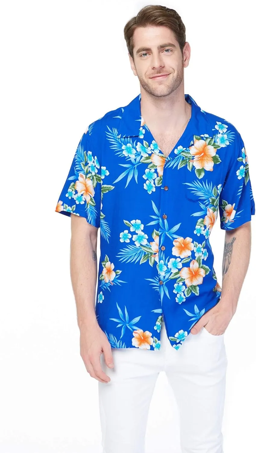 Matchable Couple Hawaiian Luau Shirt or Maxi Simple Dress in Hibiscus Blue