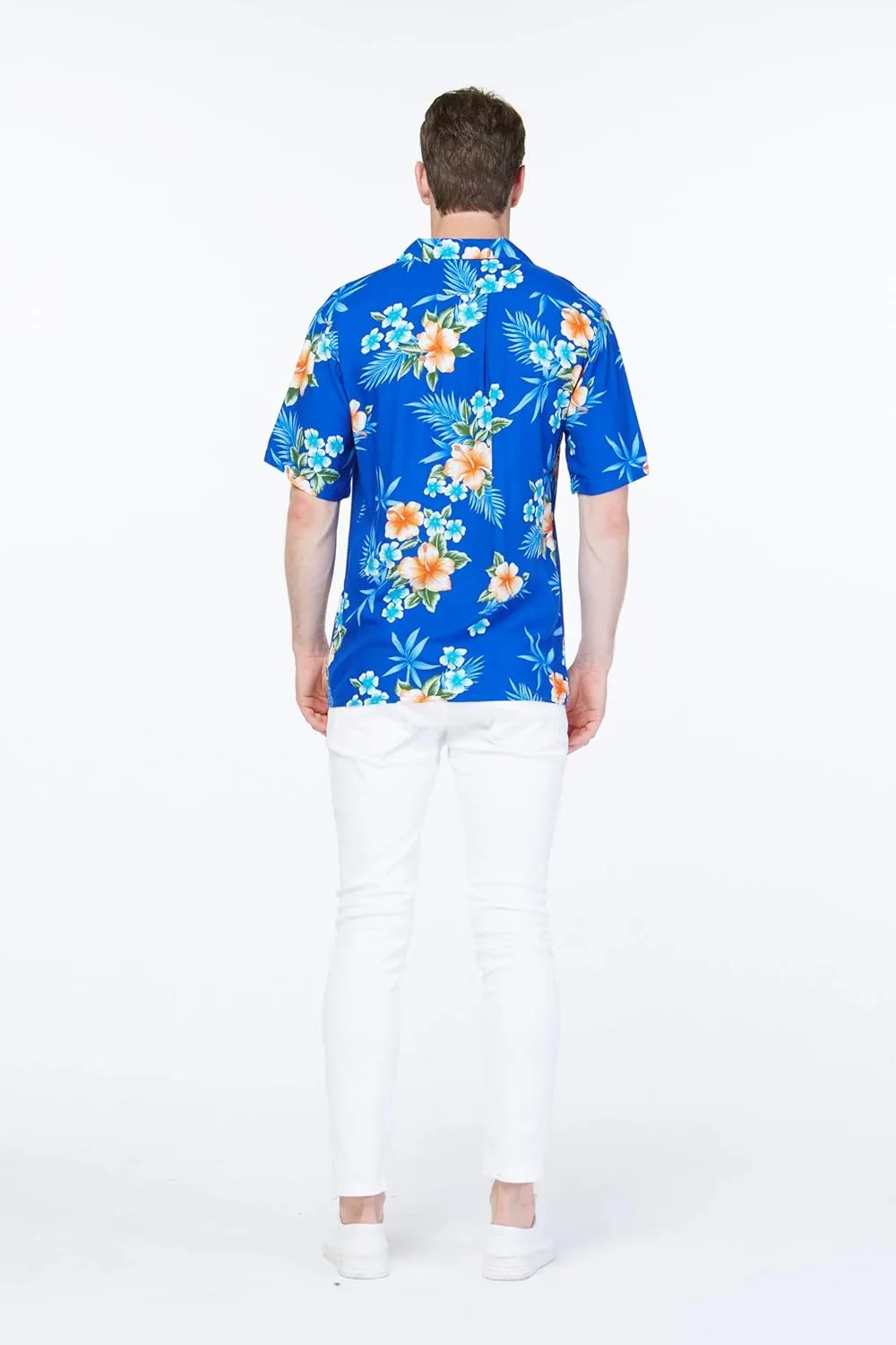 Matchable Couple Hawaiian Luau Shirt or Maxi Simple Dress in Hibiscus Blue