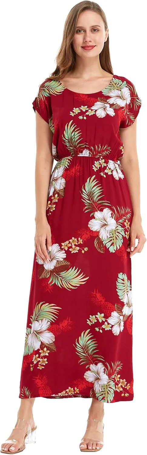 Matchable Couple Hawaiian Luau Shirt or Maxi Simple Dress in Pineapple Garden Burgundy