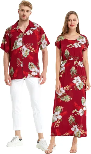 Matchable Couple Hawaiian Luau Shirt or Maxi Simple Dress in Pineapple Garden Burgundy