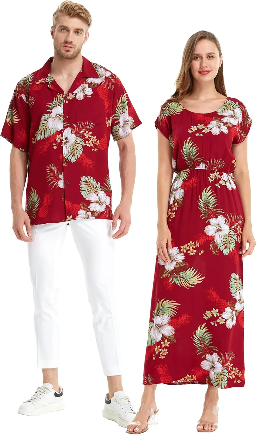 Matchable Couple Hawaiian Luau Shirt or Maxi Simple Dress in Pineapple Garden Burgundy