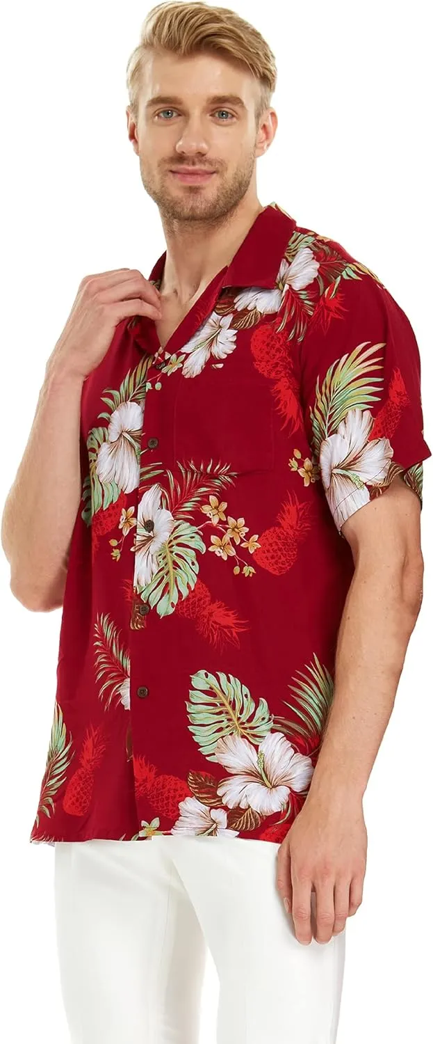 Matchable Couple Hawaiian Luau Shirt or Maxi Simple Dress in Pineapple Garden Burgundy