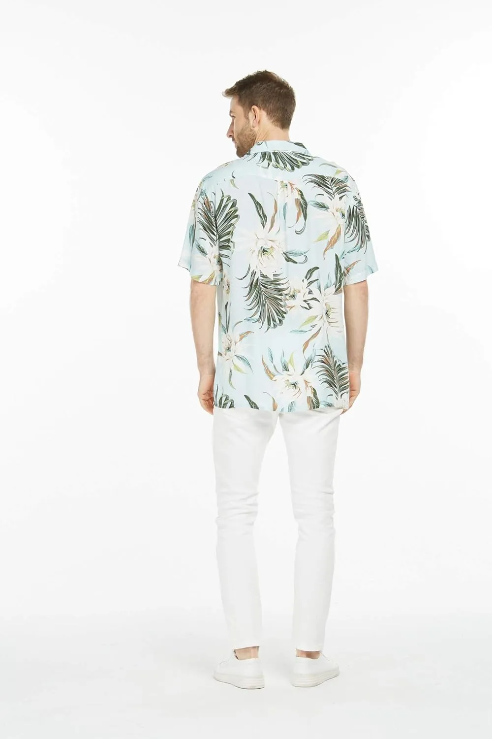 Matchable Couple Hawaiian Luau Shirt or Maxi Simple Dress in Wispy Cereus Light Blue