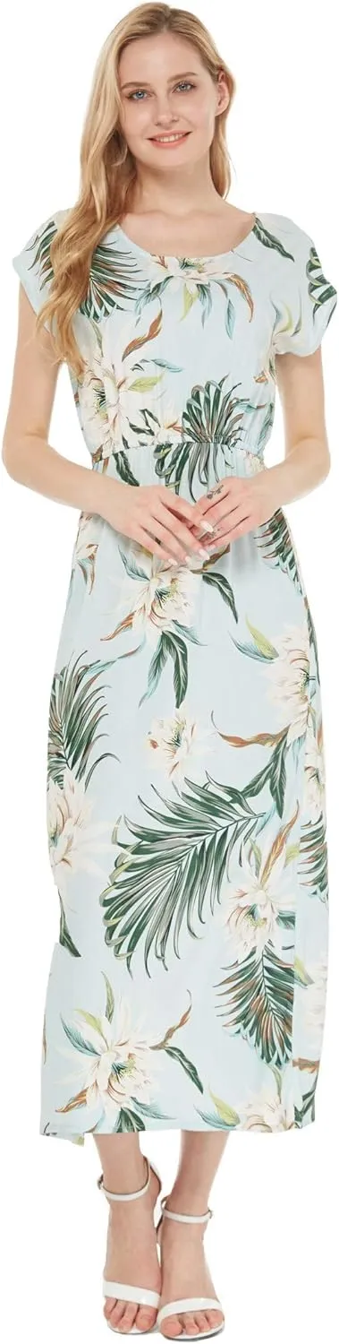 Matchable Couple Hawaiian Luau Shirt or Maxi Simple Dress in Wispy Cereus Light Blue