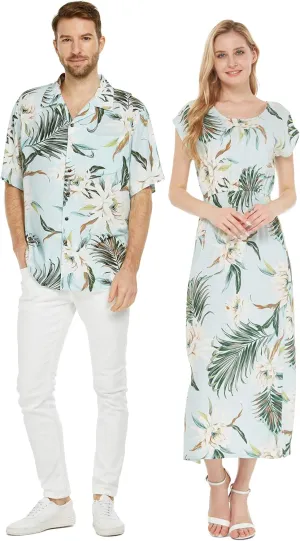 Matchable Couple Hawaiian Luau Shirt or Maxi Simple Dress in Wispy Cereus Light Blue