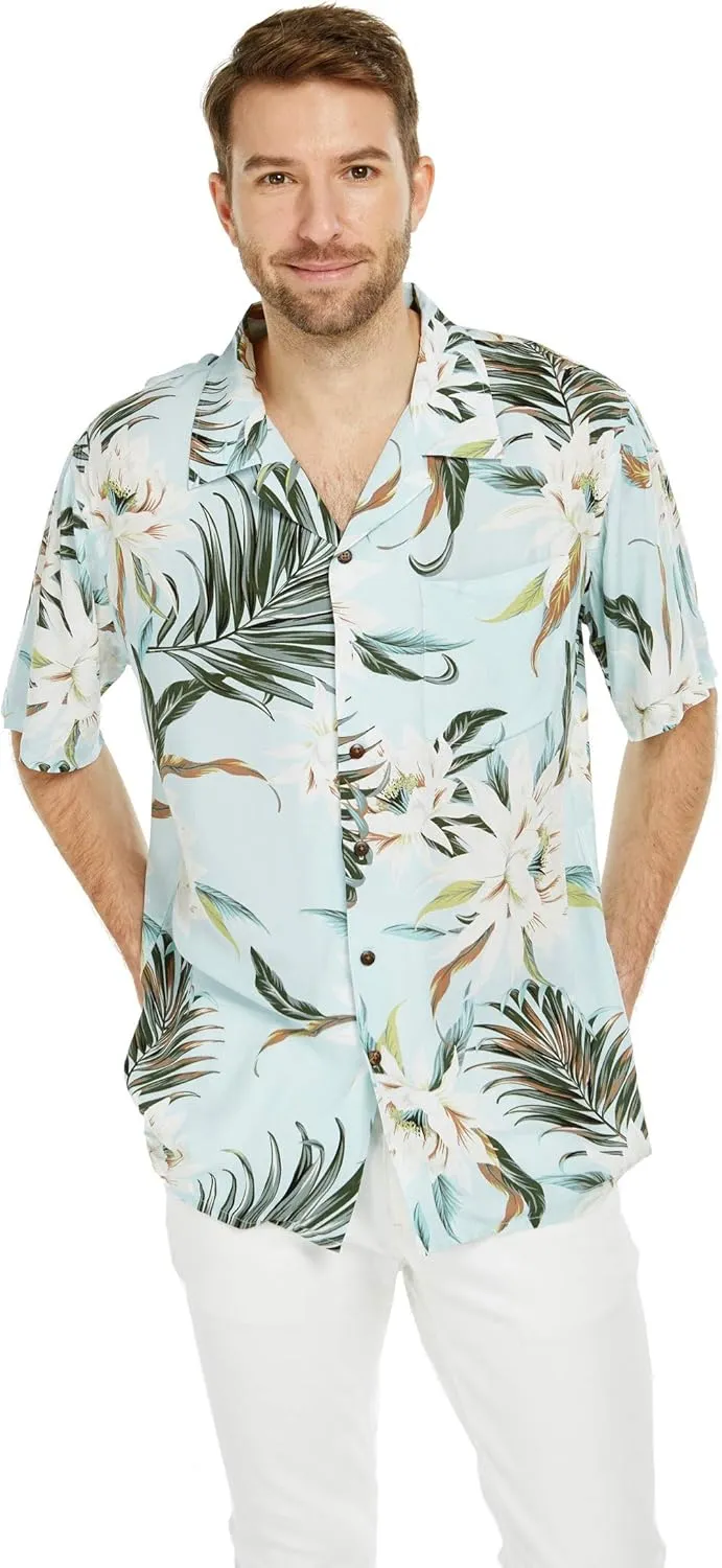 Matchable Couple Hawaiian Luau Shirt or Maxi Simple Dress in Wispy Cereus Light Blue