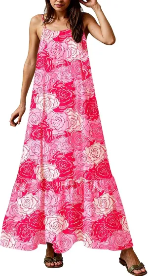 Maxi Dresses for Women 2025 Summer Boho Spaghetti Strap Maxi Dress Vintage Prin Long Dresses Casual Flowy Beach Dress