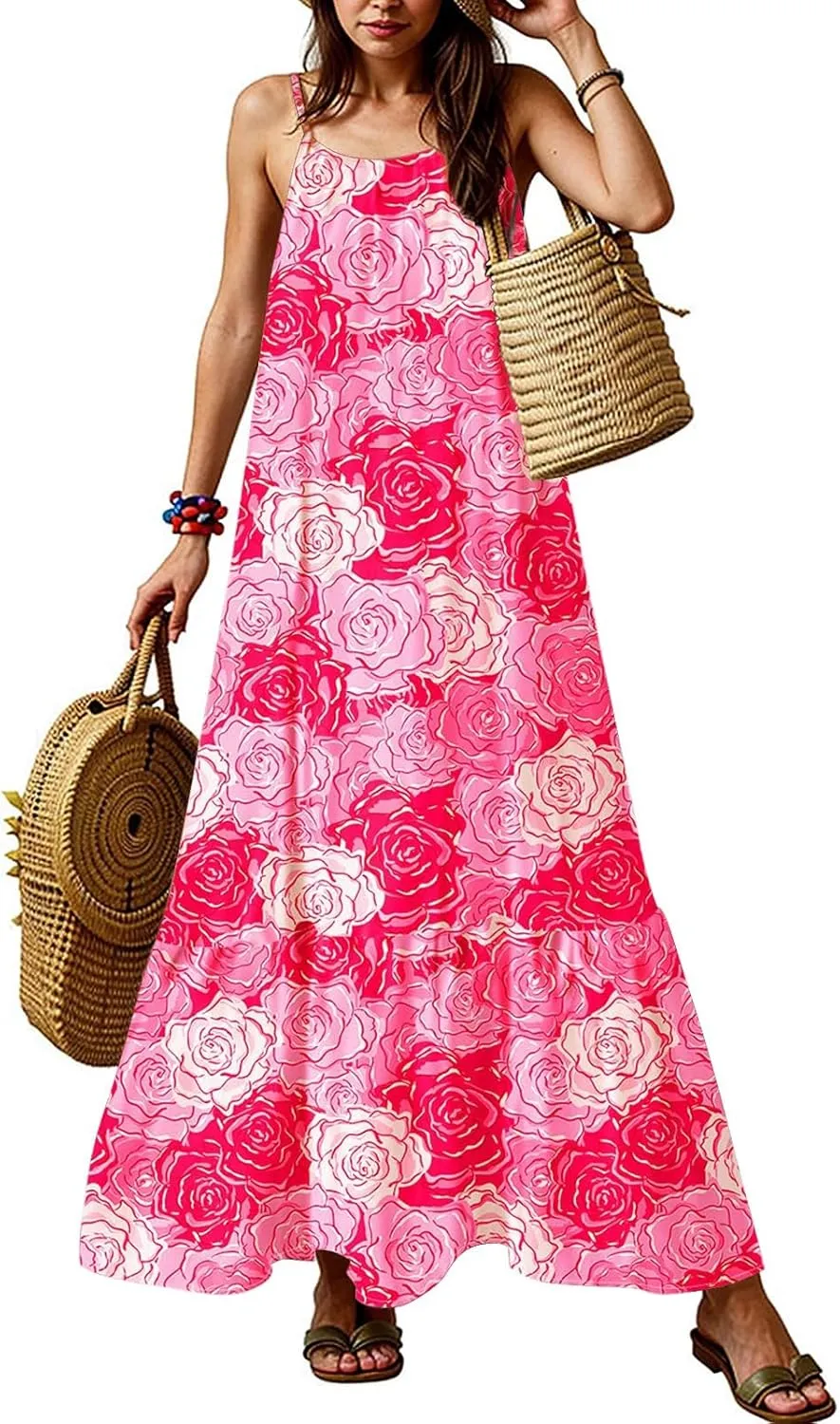 Maxi Dresses for Women 2025 Summer Boho Spaghetti Strap Maxi Dress Vintage Prin Long Dresses Casual Flowy Beach Dress