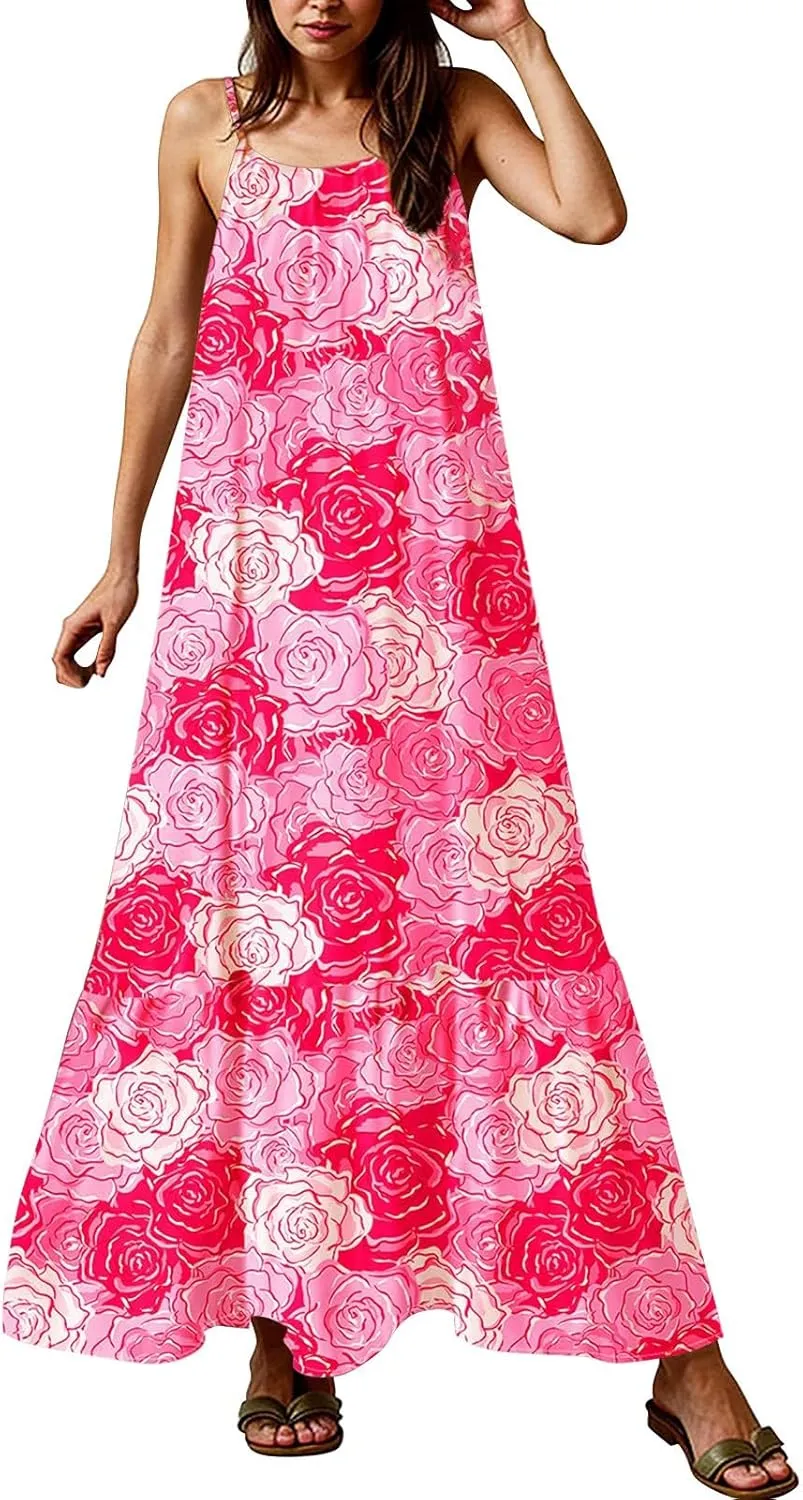 Maxi Dresses for Women 2025 Summer Boho Spaghetti Strap Maxi Dress Vintage Prin Long Dresses Casual Flowy Beach Dress