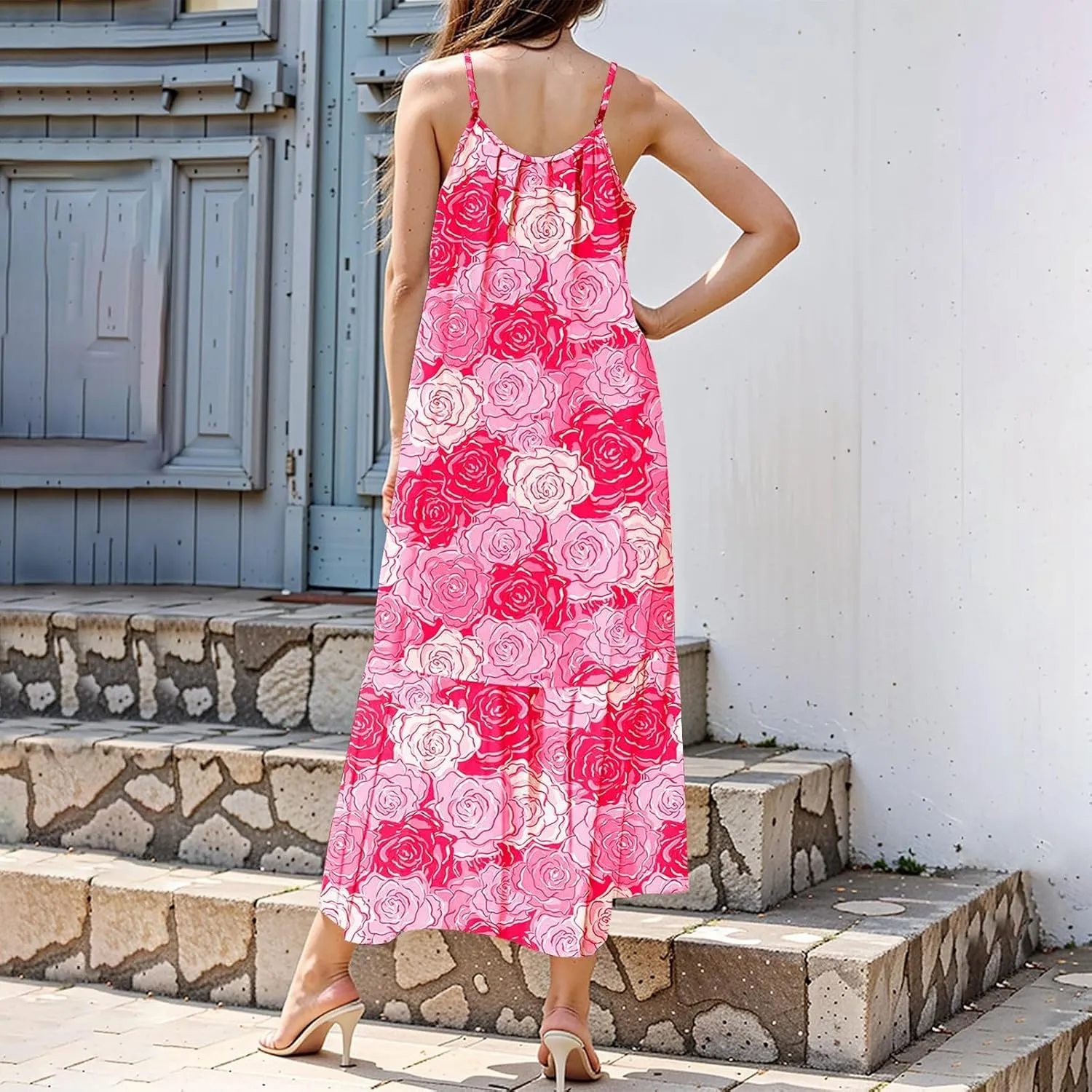 Maxi Dresses for Women 2025 Summer Boho Spaghetti Strap Maxi Dress Vintage Prin Long Dresses Casual Flowy Beach Dress