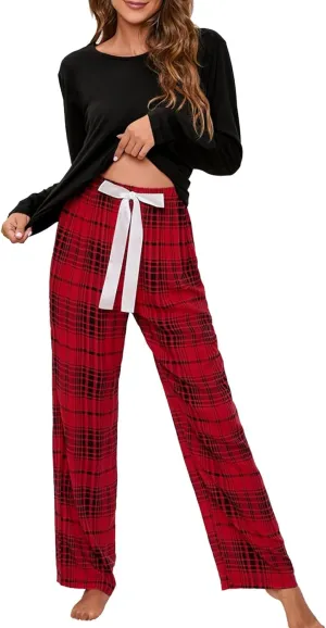 MBWTRP Women's Pajama Sets Plaid Checked Loungewear Set Long Sleeve Cotton Top and Pants Floral Printed Sleepwear for Ladies