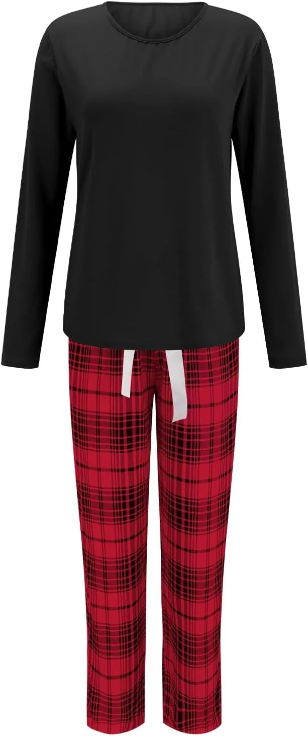 MBWTRP Women's Pajama Sets Plaid Checked Loungewear Set Long Sleeve Cotton Top and Pants Floral Printed Sleepwear for Ladies
